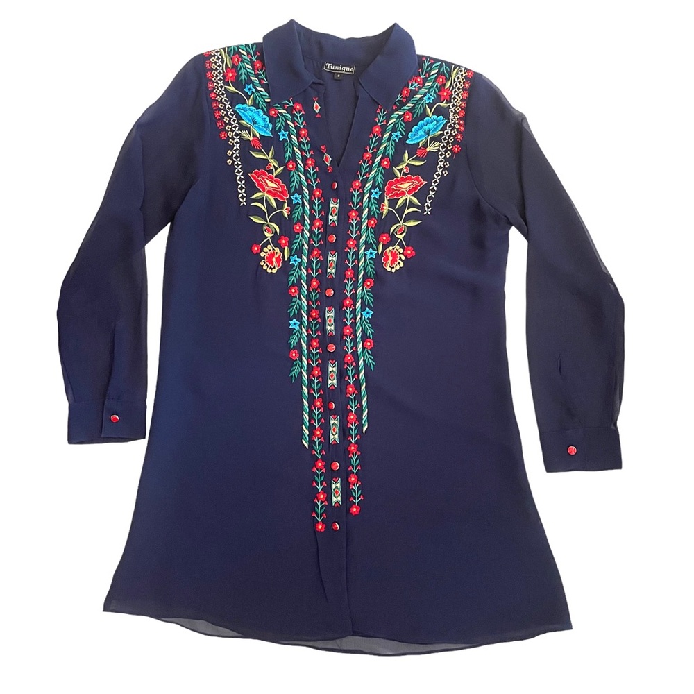 Tunique Women’s Roll-Tab Sleeve Embroidered Tunic Blouse - Size Small